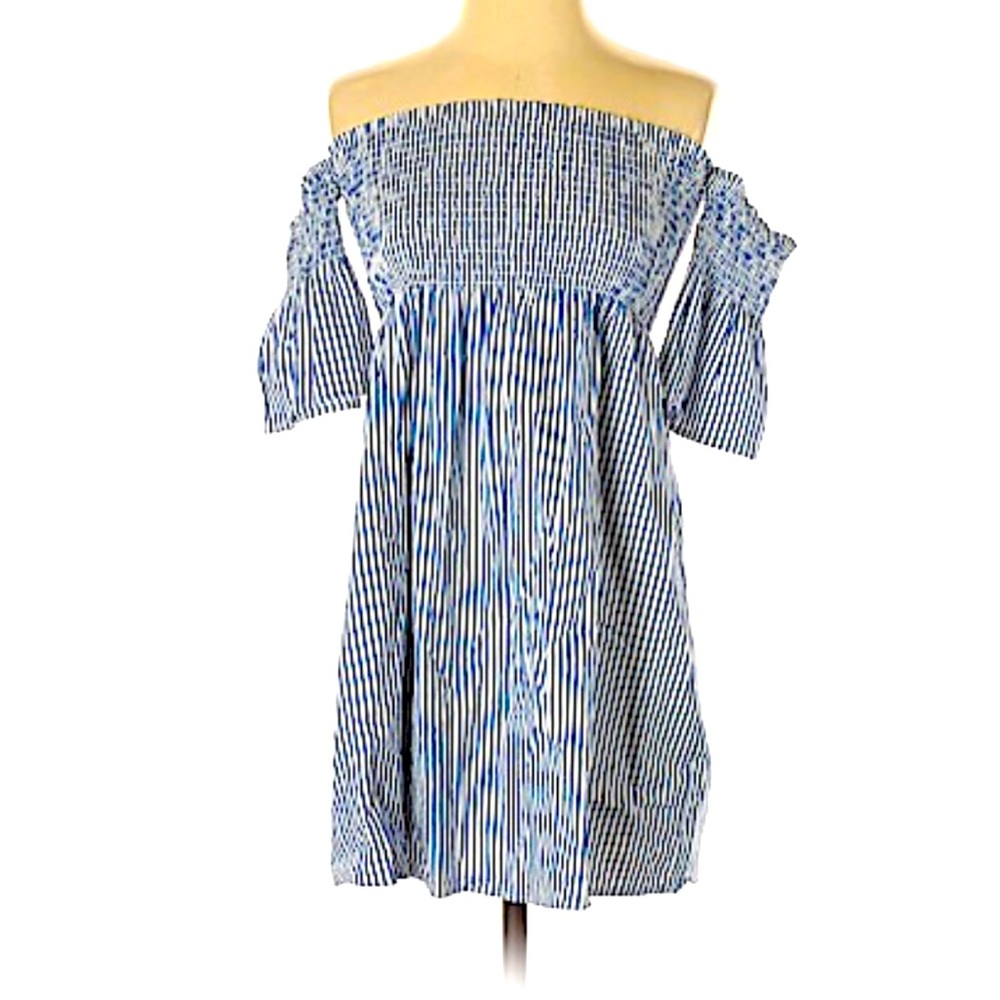 Forever 21 Shirred Off the Shoulder Blue Striped Mini Dress
